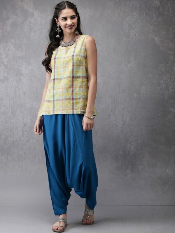 Anouk Women Green  Blue Checked Kurti with Dhoti Pants