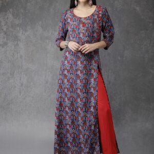 Anouk Women Navy Blue  Red Printed Kurta With Trousers