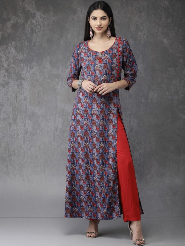 Anouk Women Navy Blue  Red Printed Kurta With Trousers