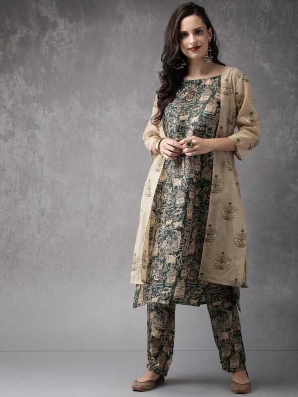 Anouk Women Green  Beige Printed Layered Kurta With Trousers