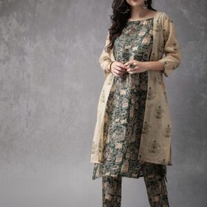 Anouk Women Green  Beige Printed Layered Kurta With Trousers