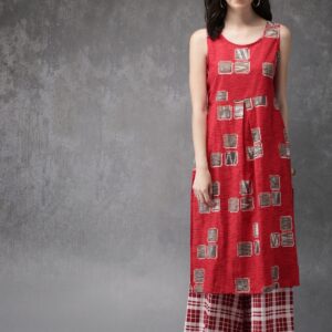 Anouk Women Red  Off-White Printed Kurta with Palazzos