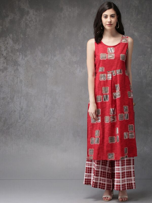 Anouk Women Red  Off-White Printed Kurta with Palazzos