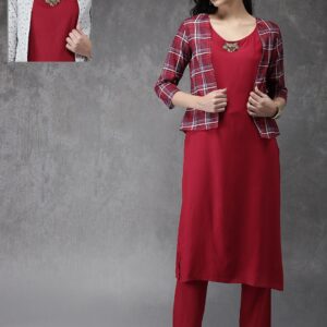 Anouk Women Maroon Solid Kurta with Trousers  Reversible Ethnic Jacket