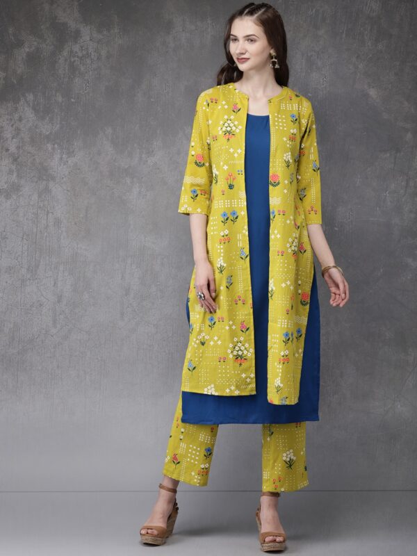 Anouk Women Lime Green  Blue Printed Layered Kurta with Trousers