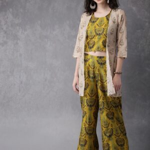 Anouk Women Mustard Yellow  Beige Printed Top with Palazzos  Ethnic Jacket