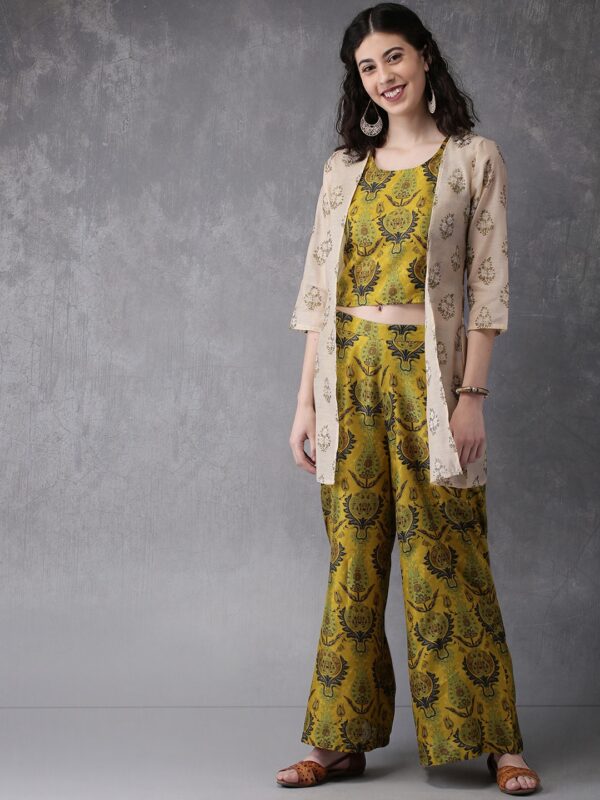 Anouk Women Mustard Yellow  Beige Printed Top with Palazzos  Ethnic Jacket