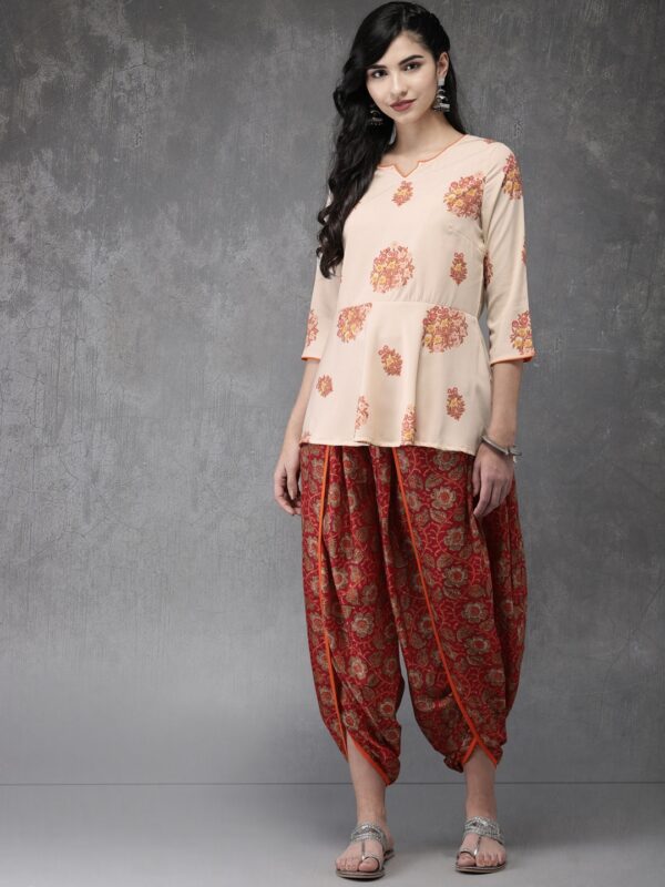 Anouk Women Cream-Coloured  Red Printed Kurti with Dhoti Pants