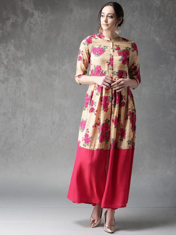 Anouk Women Beige  Magenta Printed Kurta with Trousers