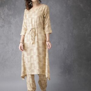 Anouk Women Grey  Beige Printed Kurta with Trousers