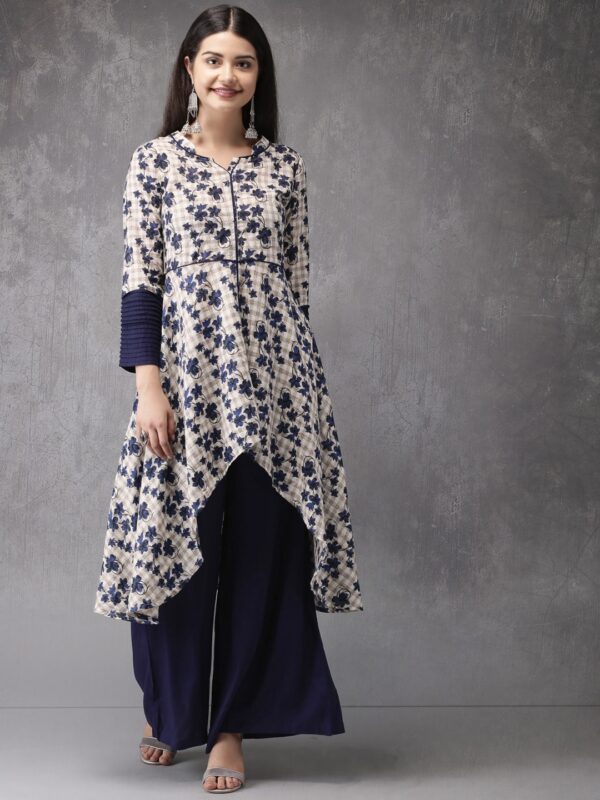 Anouk Women Beige  Navy Blue Printed Kurta with Palazzos