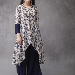 Anouk Women Beige  Navy Blue Printed Kurta with Palazzos