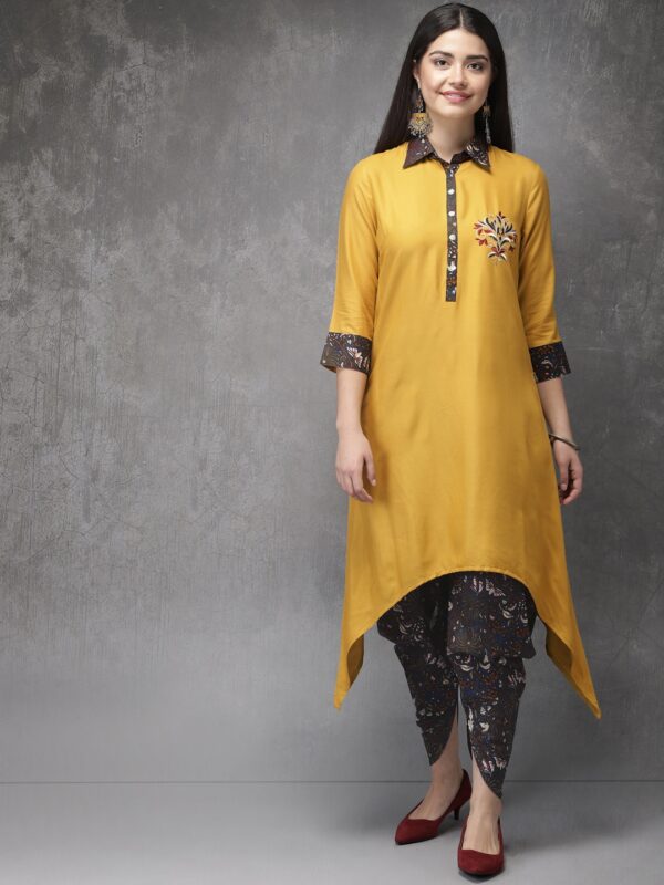 Anouk Women Mustard Yellow Solid Kurta With Embroidery Detail  Black Printed Dhoti Pants