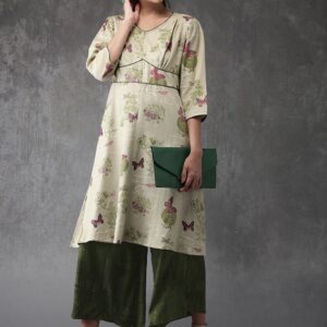 Anouk Women Green  Off white Printed Kurta with Palazzos