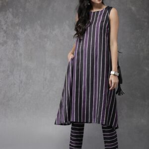 Anouk Women Purple  Black Striped Kurta with Trousers