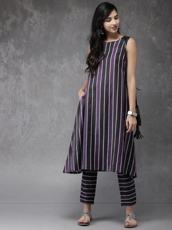 Anouk Women Purple  Black Striped Kurta with Trousers