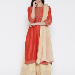 Biba Women Orange  Beige Yoke Design Kurta with Palazzos  Dupatta