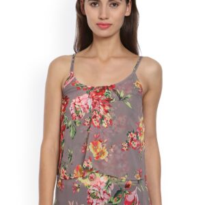 Bombay High Women Grey Floral Print Silk Layered Top