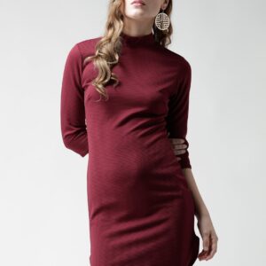 Boohoo Maroon Self-Striped Sheath Dress