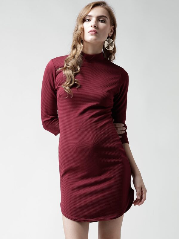 Boohoo Maroon Self-Striped Sheath Dress