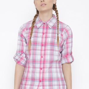 Columbia Women Pink Silver Ridge Plaid Long Sleeve Checked Outdoor Shirt