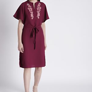 Chemistry Women Burgundy Embroidered Fit And Flare Dress