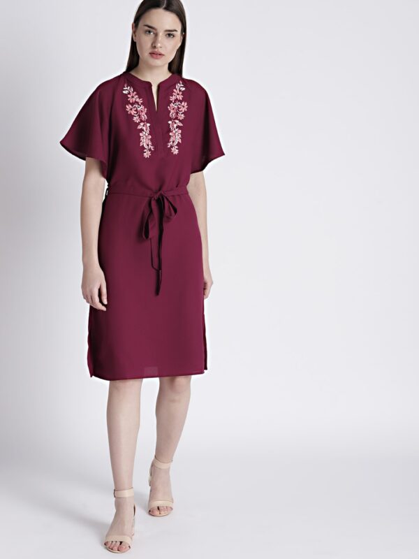 Chemistry Women Burgundy Embroidered Fit And Flare Dress