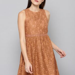 Chemistry Women Brown Self Design Fit  Flare Lace Dress