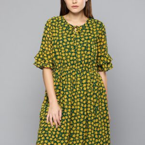 Chemistry Women Green  Mustard Yellow Printed Fit and Flare Dress