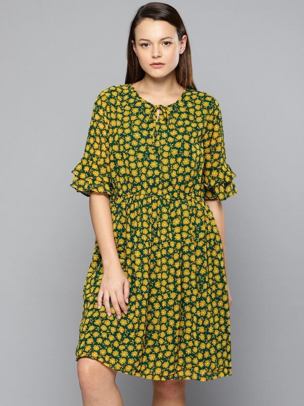 Chemistry Women Green  Mustard Yellow Printed Fit and Flare Dress