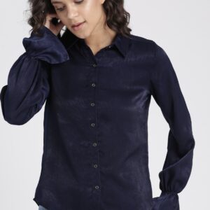 Chemistry Women Navy Blue Regular Fit Solid Casual Shirt