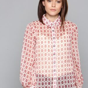 Chemistry Women Off White  Pink Coloured Printed Semi Sheer Shirt Style Top