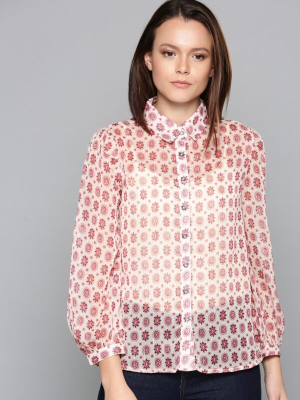 Chemistry Women Off White  Pink Coloured Printed Semi Sheer Shirt Style Top