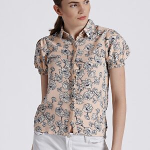 Chemistry Women Cream-Coloured  Navy Blue Floral Print Casual Shirt