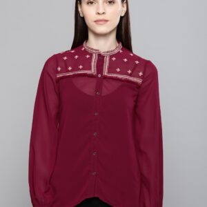 Chemistry Women Maroon Embroidered Shirt Style Top