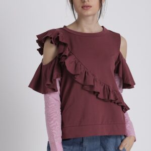 Chemistry Women Maroon Ruffled Sweatshirt with Contrast Cold-Shoulder Sleeves