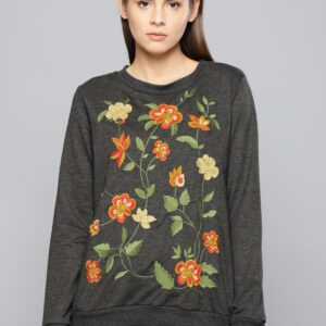 Chemistry Grey Melange Floral Embroidered Sweatshirt