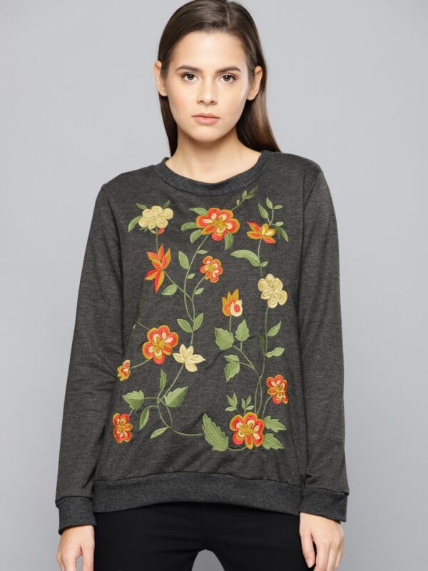 Chemistry Grey Melange Floral Embroidered Sweatshirt