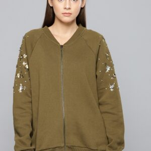 Chemistry Women Olive Green Embellished Sweatshirt