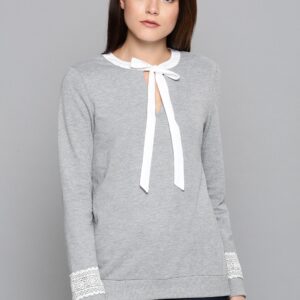 Chemistry Women Grey Melange Solid Sweatshirt