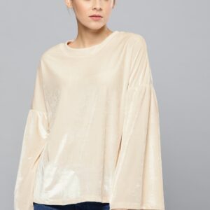 Chemistry Women Beige-Coloured Drop-Shoulder Velvet Top