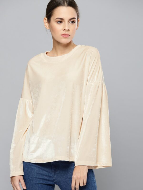 Chemistry Women Beige-Coloured Drop-Shoulder Velvet Top