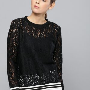 Chemistry Women Black Semi Sheer Self Design Lace Top