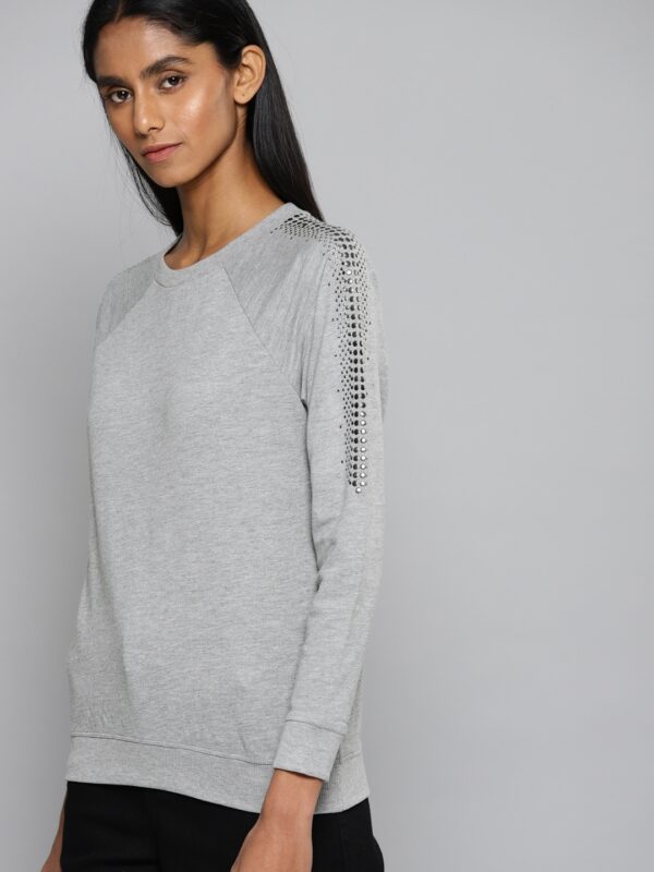 Chemistry Women Grey Studded Sweatshirt