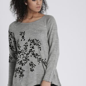 Chemistry Women Grey Self-Design Embellished Pullover