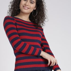 Chemistry Women Red  Navy Blue Striped Sweater