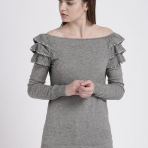 Chemistry Women Grey Embellished Ruffled Off-Shoulder Sweater