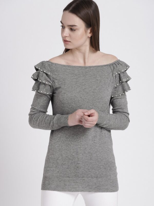 Chemistry Women Grey Embellished Ruffled Off-Shoulder Sweater