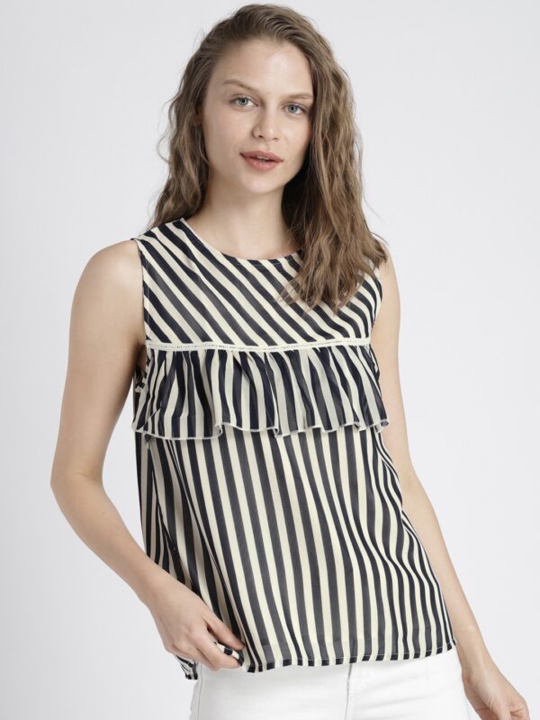 Chemistry Women Navy  Cream Colored Striped Top