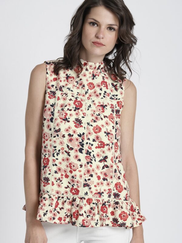 Chemistry Women Cream-Coloured  Red Printed Top